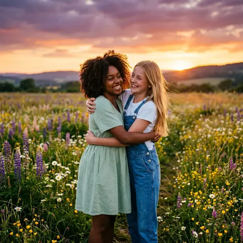 Heartfelt Friendship Moment in Wildflower Field | Best Friends Embrace