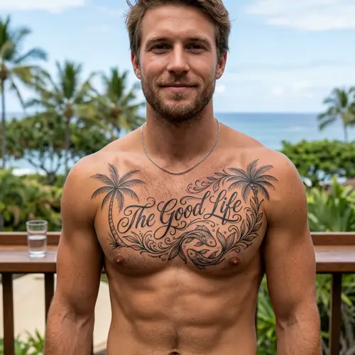 Stylish Chest Tattoo: The Good Life & Pisces Design