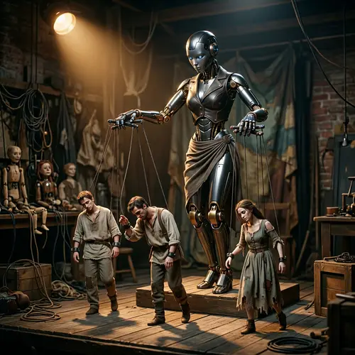 Robot Woman Controlling Human Puppets