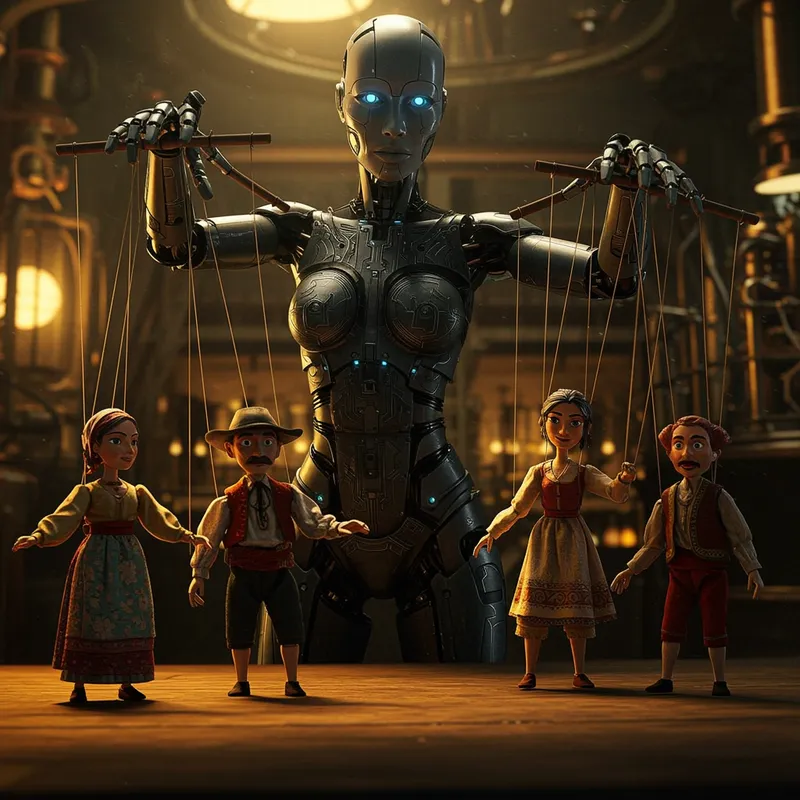 Robot Woman Controlling Human Puppets