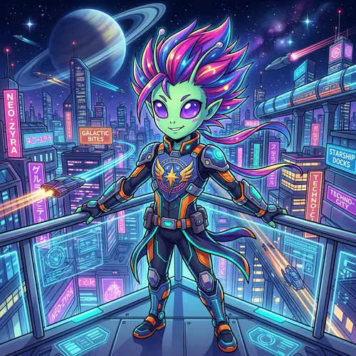 Unique Alien Character in Vibrant Anime Style - Futuristic Suit & Neon Cityscape