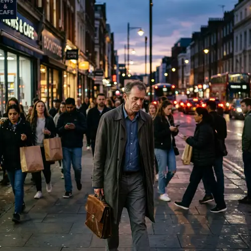 Twilight Scene: Downtrodden Middle-Aged Man on Bustling Street