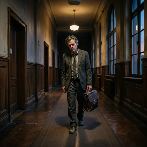 Twilight Burned-Out Man Walking Profound Corridor