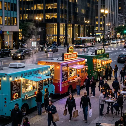 Colorful Food Trucks on Bustling Avenue | Urban Street Food Experience