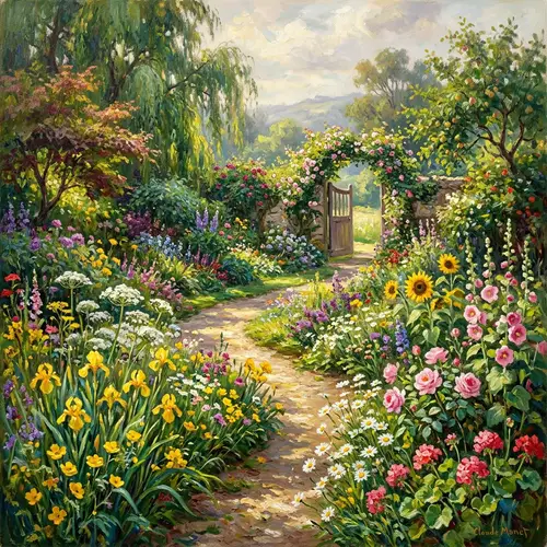 Serene Monet-style Garden with Winding Path and Open Gate
