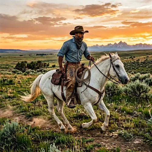 Black Male Cowboy Riding White Stallion in the Old West