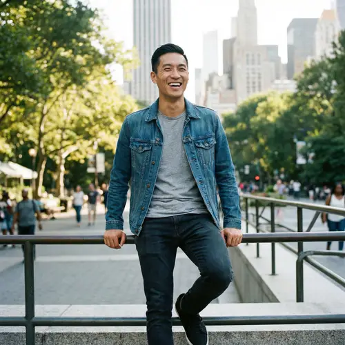 Stylish Chinese Man in Urban Park | Confident and Well-Educated