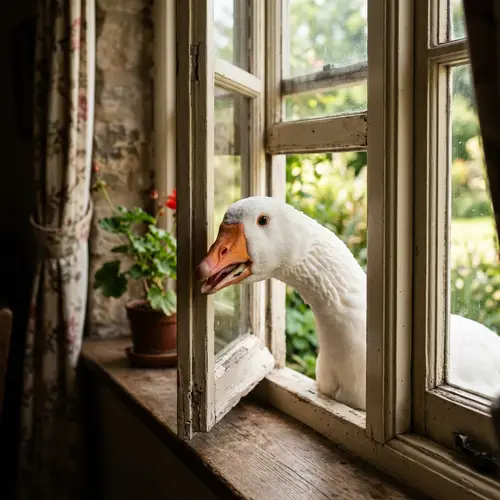 Curious White Goose Peeking Through Open Window