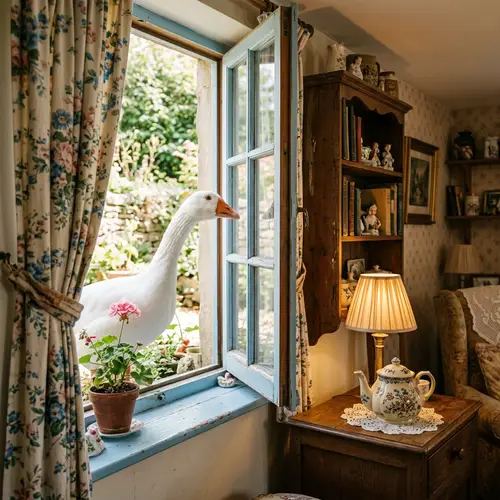 Curious White Goose Peeking Through Window | Vintage Decor Scene