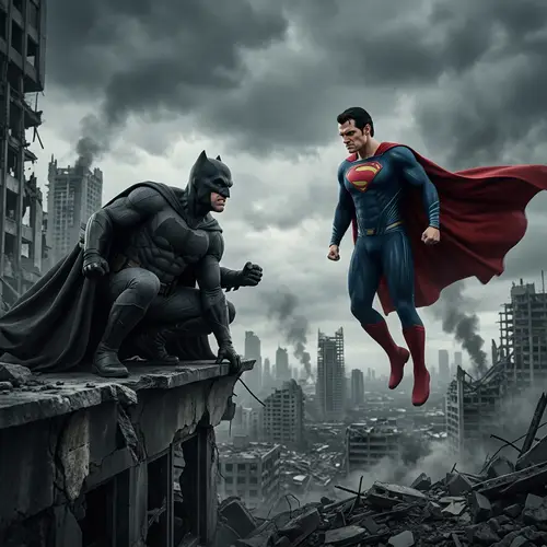 Epic Superhero Showdown in Destroyed Cityscape