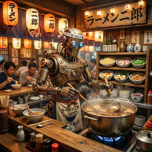 Whimsical Robot at Ramen Jiro Shop Stirring Steaming Broth