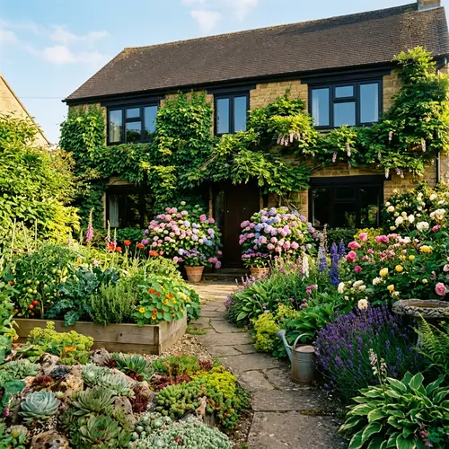 Vibrant Residential Garden with Blooming Plants and Unique Home