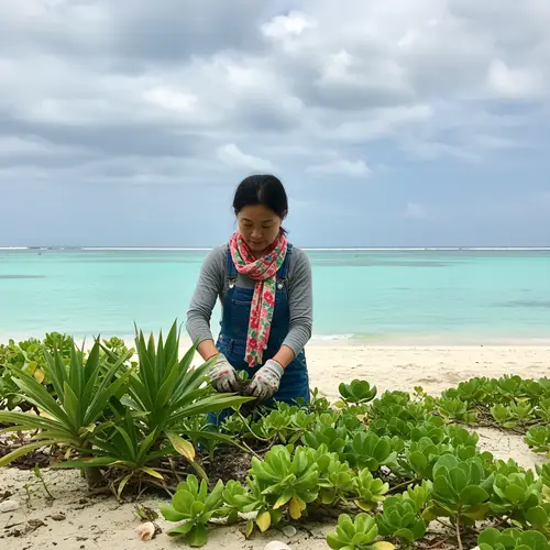 Lady with Scarf Working at Seaside Plant