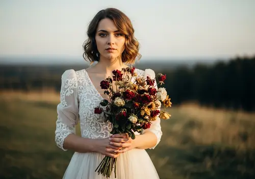 Elegant Wedding Dress with Wilted Bouquet