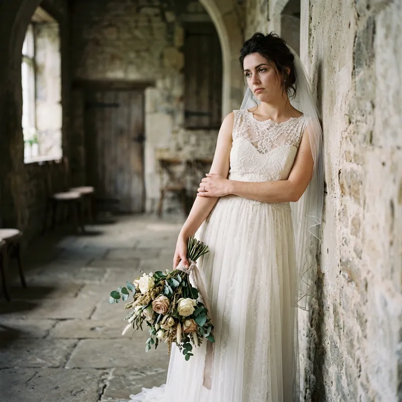 Elegant Wedding Dress with Wilted Bouquet