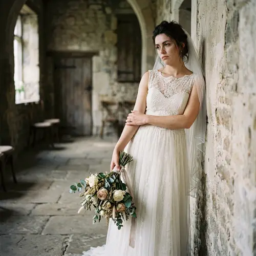Elegant Wedding Dress with Wilted Bouquet