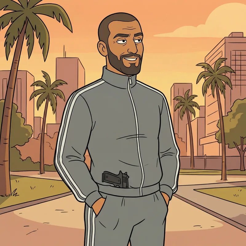 Toonzies Style Cartoon of Confident Middle-Eastern Man in Grey Tracksuit
