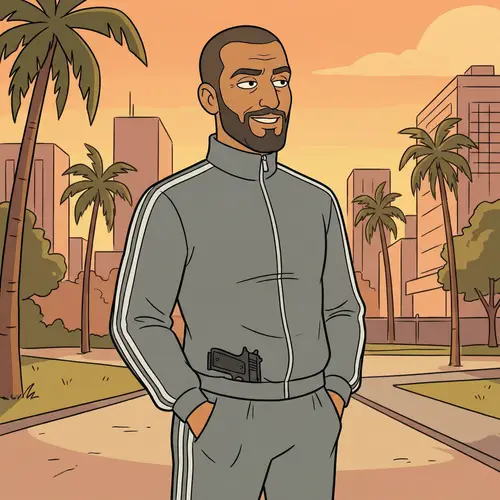 Cartoon Middle-Eastern Man in Grey Tracksuit with Black Pistol
