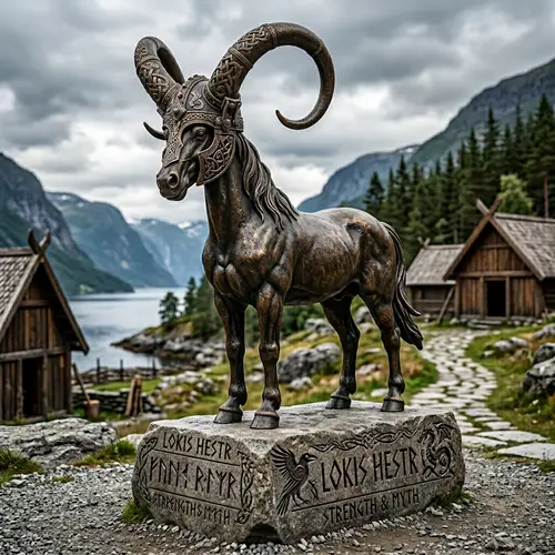 Bronze Horse Statue with Loki's Horned Helmet