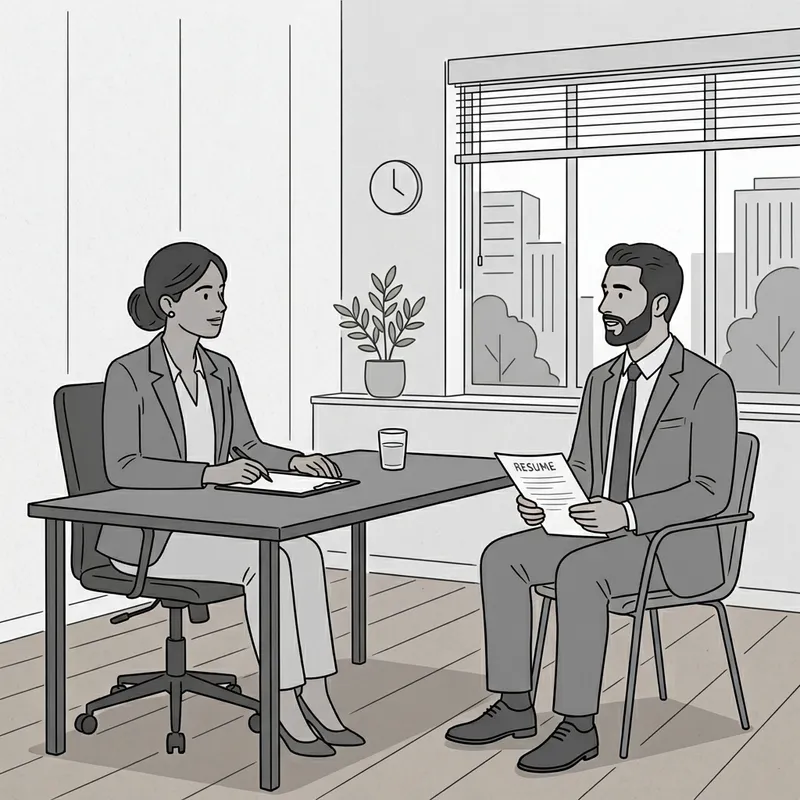 Minimalist Job Interview: South Asian Female Interviewer & Middle-Eastern Male Applicant