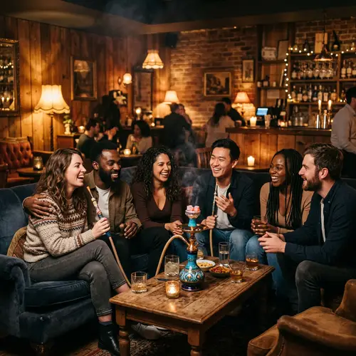 Friends Enjoying Hookah in a Cozy Bar