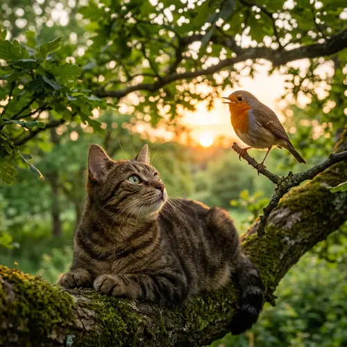 Tranquil Moment: Cat and Bird Finding Harmony in Nature