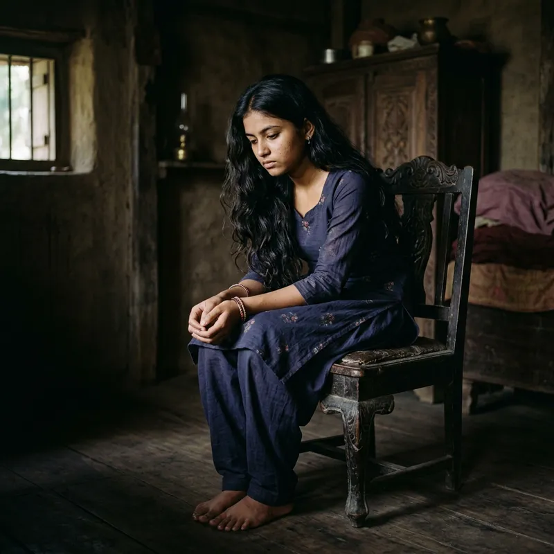 Melancholic South Asian Girl Alone on Antique Wooden Chair