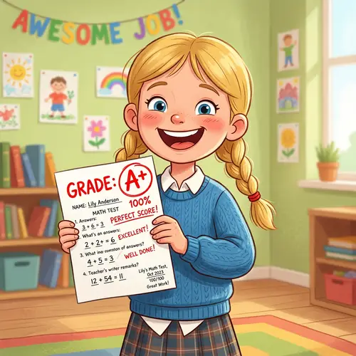 Delighted Cartoon Character Showing Perfect Exam Results | Website Name