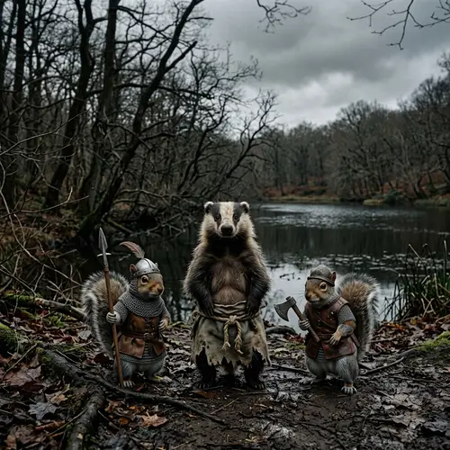 Badger and Squirrel Guardians in a Dark Forest