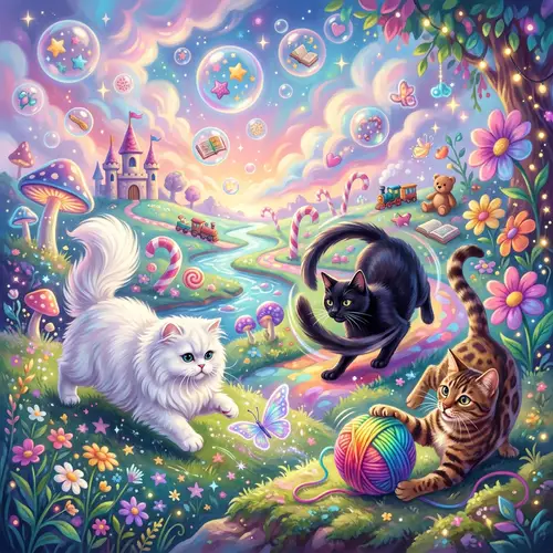 Whimsical Cats Playing in Dreamy Childhood Memories