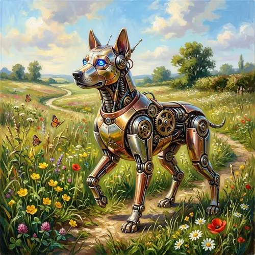 Intricate Robotic Dog Oil Painting in Meadow