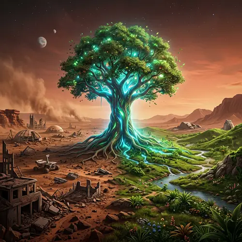 Martian Nuclear Apocalypse Landscape with Life Tree