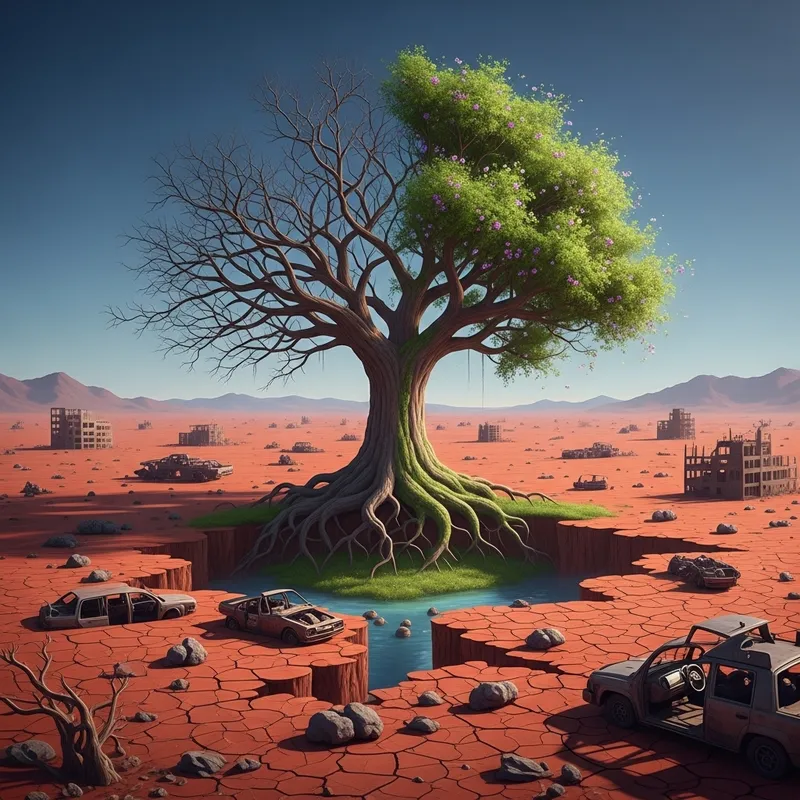 Martian Nuclear Apocalypse Landscape with Life Tree
