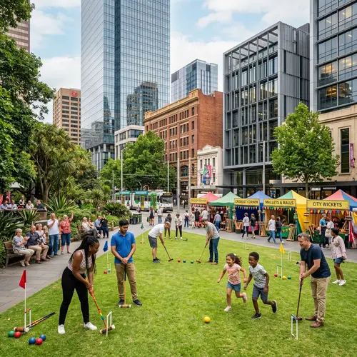 Vibrant City Croquet Scene with Diverse Players and Lush Parks