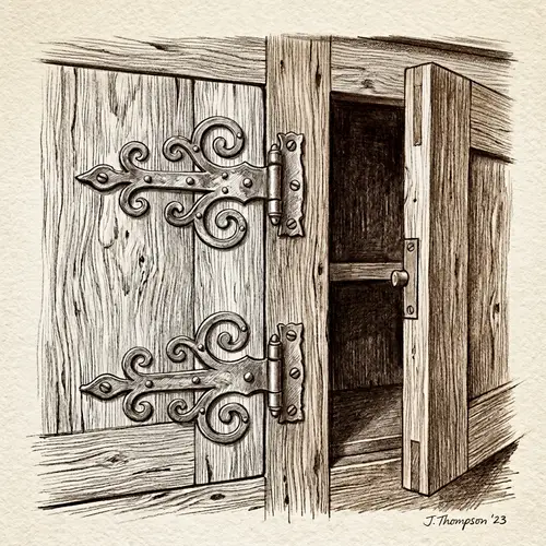 Intricate Two-Tone Pencil Drawing of Cupboard Hinges