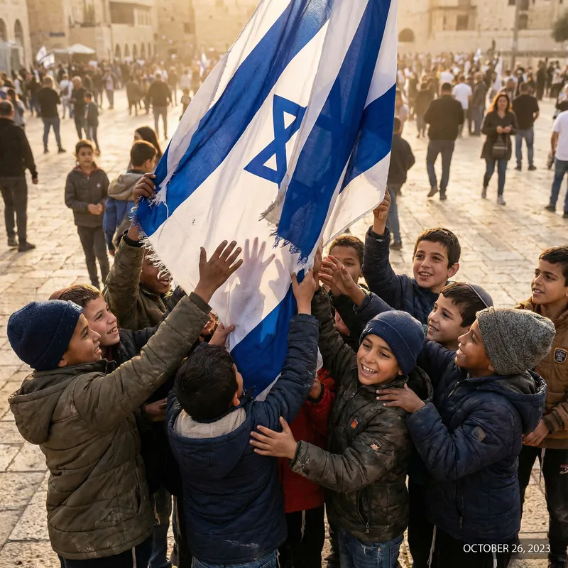 Resilient Unity: Vibrant Flag of Israel with Expressive Children
