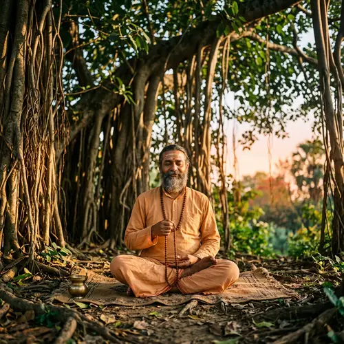Serene South Asian Hindu Guru Meditating Under Banyan Tree