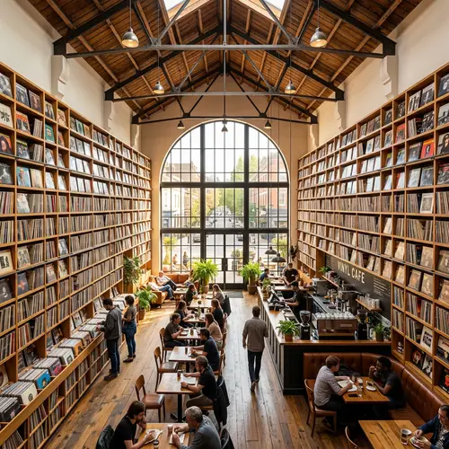 Unique Café Interior with Impressive High Ceiling and Vinyl Record Collection