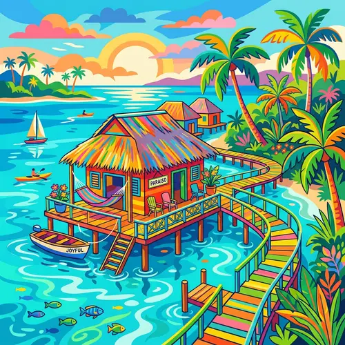 Vibrant Caribbean Water Bungalow Art