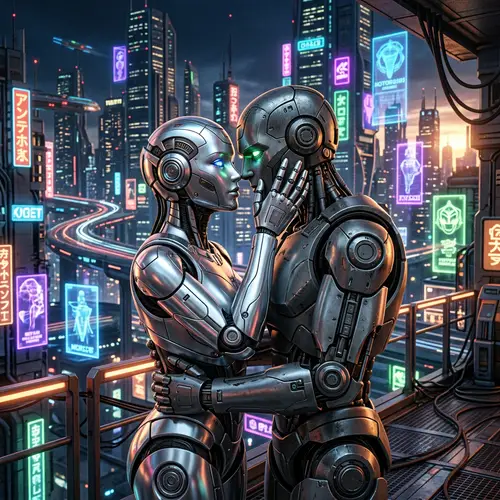 Futuristic Female Robot Kisses Male Robot