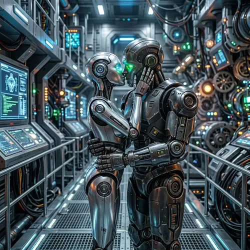 Futuristic Female Robot Kissing Male Robot Scene