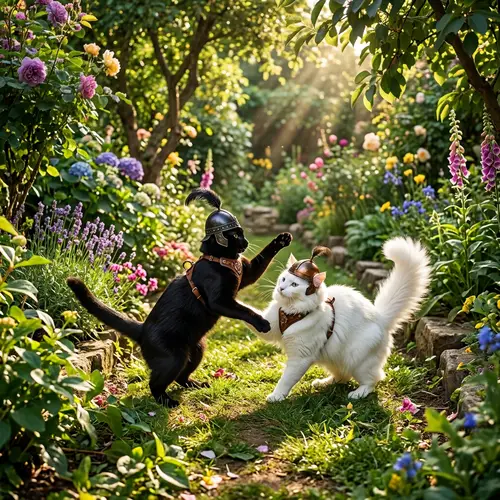 Playful Black vs White Cat War: Garden Showdown