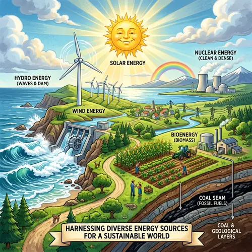 Illustration of Energy Sources: Solar, Hydro, Wind, Fossil Fuels & More