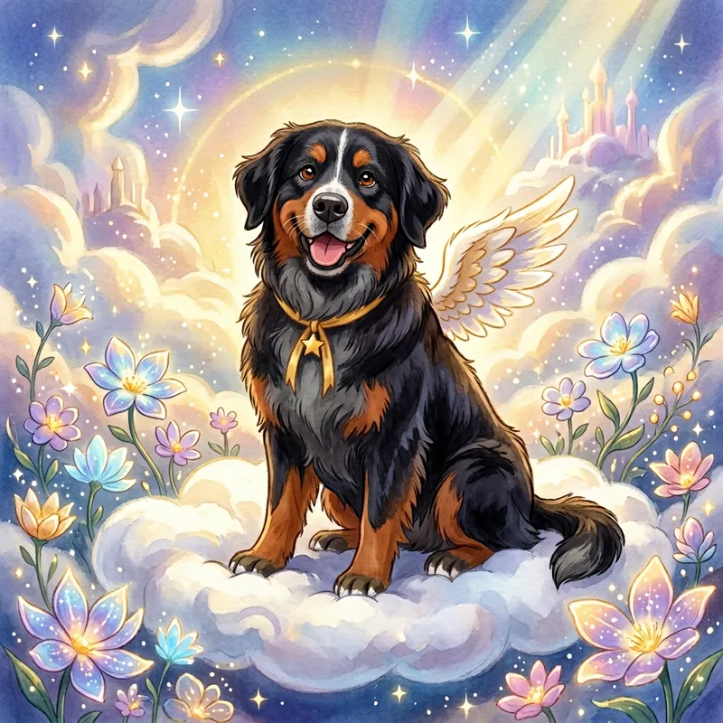 Whimsical Elderly Female Bernese Dog with Angelic Wings on a Magical Cloud