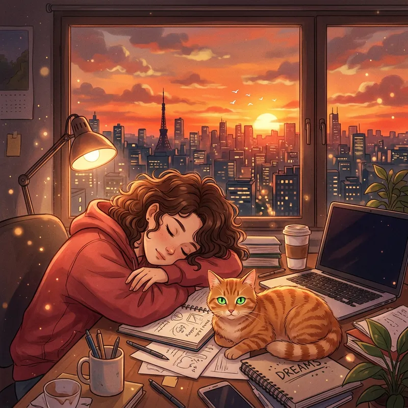 Dreamy Sunset with Sleepy Woman and Cat