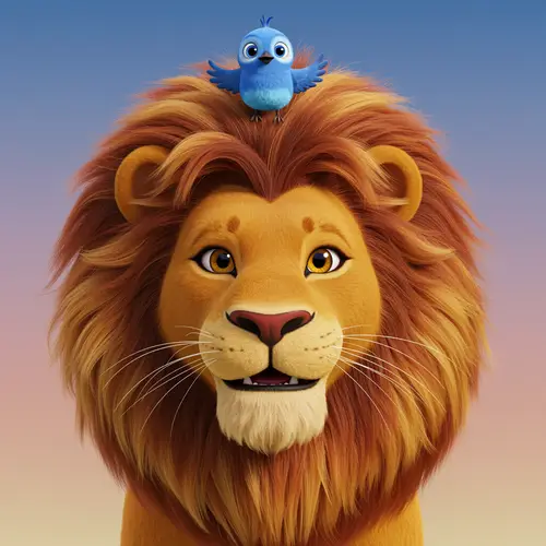 Cartoon Lion with Blue Bird in Focus