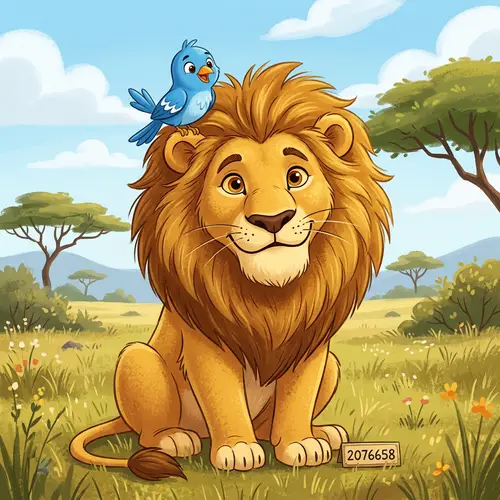 Cartoon Lion with Blue Bird in Focus