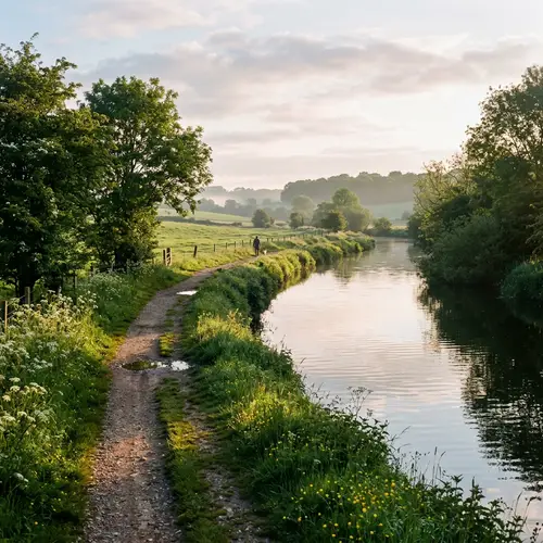 Serene Morning Landscape with Tent and Biking Woman