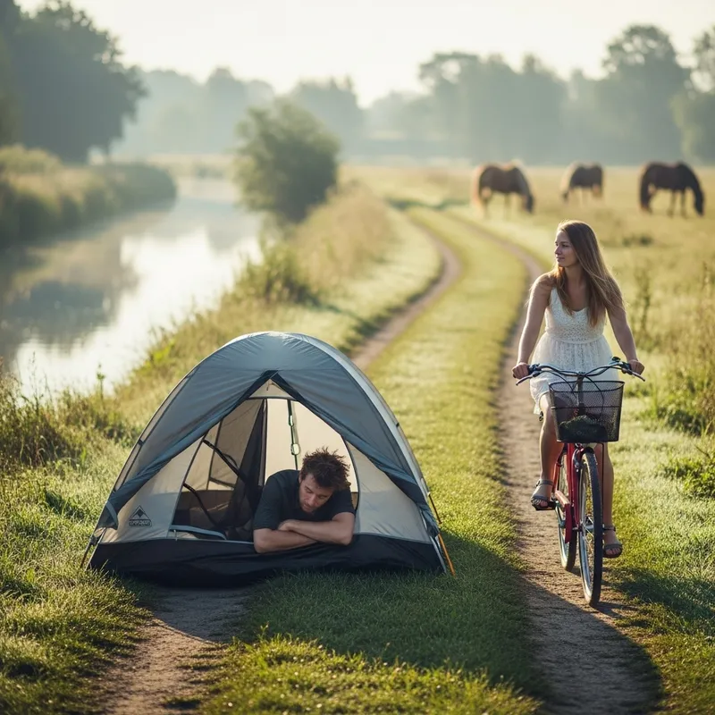 Serene Morning Landscape with Tent and Biking Woman