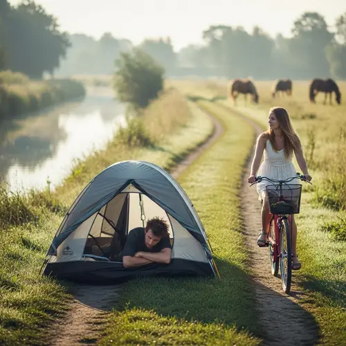 Serene Morning Landscape with Tent and Biking Woman